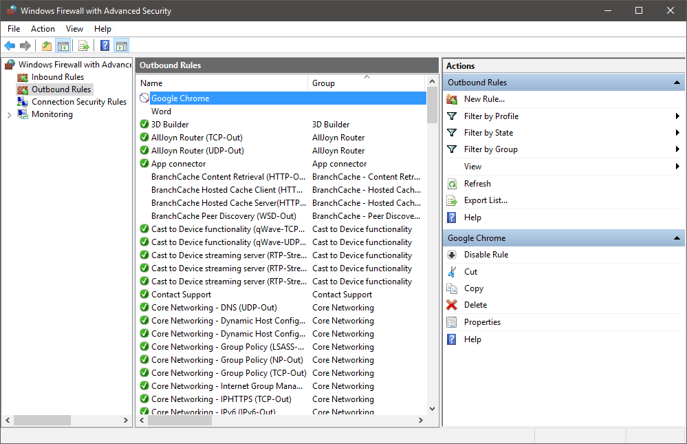Windows firewall prevent outgoing connections